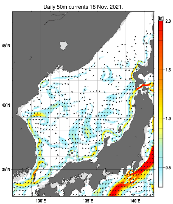 日本海の深さ50mの海流分布図（11月18日）