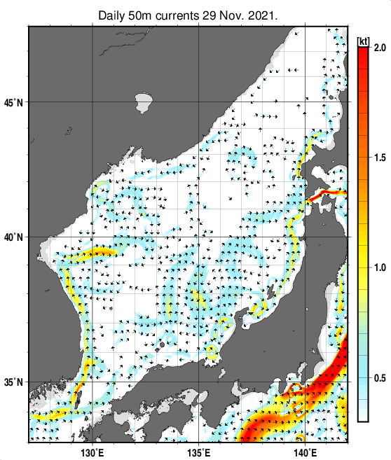 日本海の深さ50mの海流分布図（11月29日）