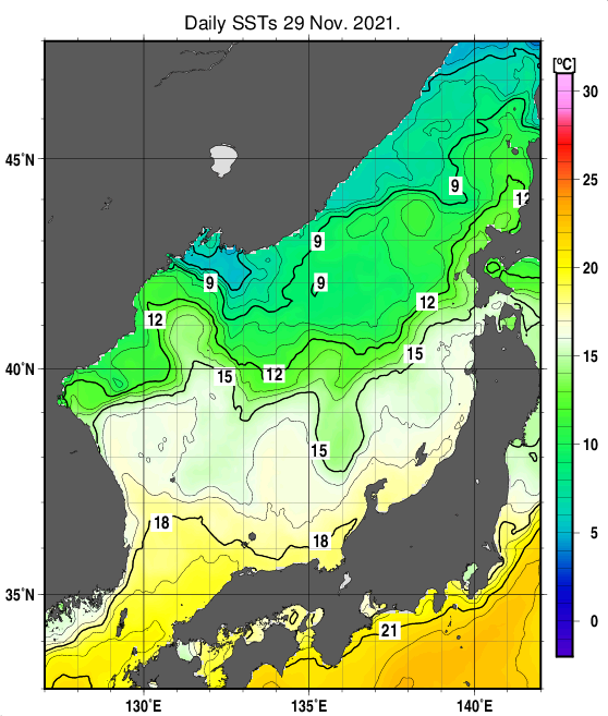 日本海の海面水温分布図（11月29日）