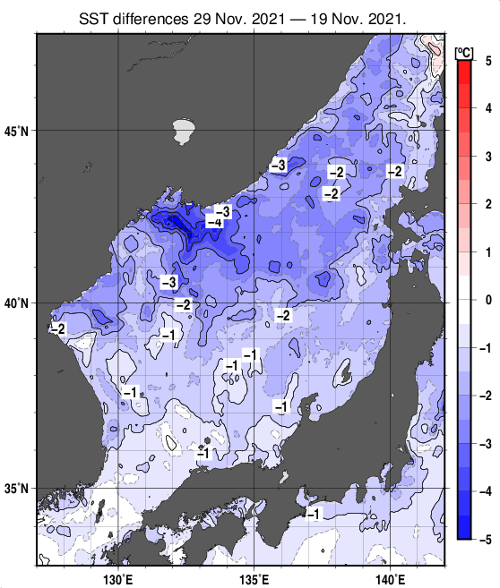 日本海の10日間の海面水温変化量分布図（11月29日）