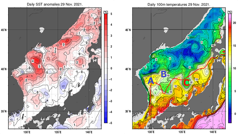 日本海の海面水温平年差分布図および深さ100mの水温分布図（11月29日）