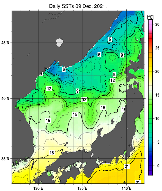 日本海の海面水温分布図（12月9日）