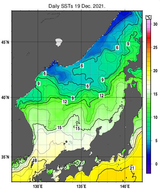 日本海の海面水温分布図（12月19日）