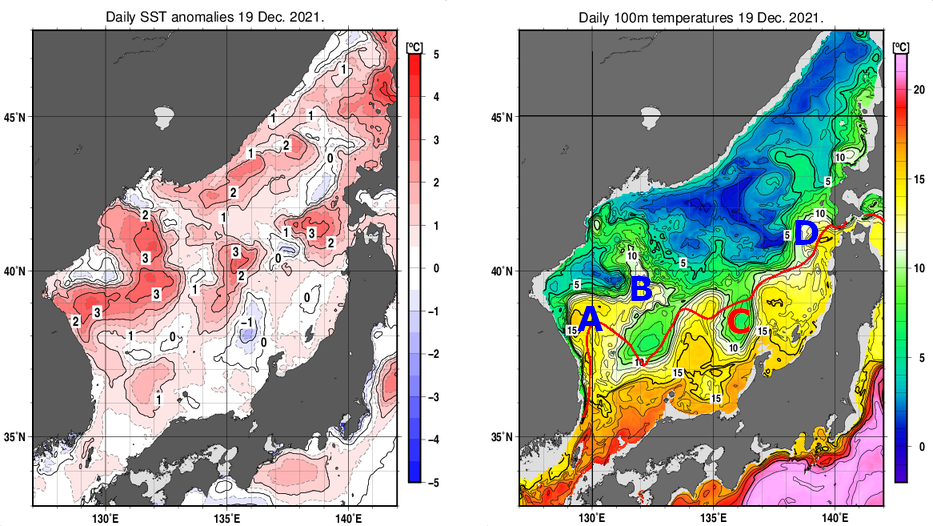 日本海の海面水温平年差分布図および深さ100mの水温分布図（12月19日）