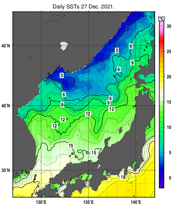 日本海の海面水温分布図（12月27日）