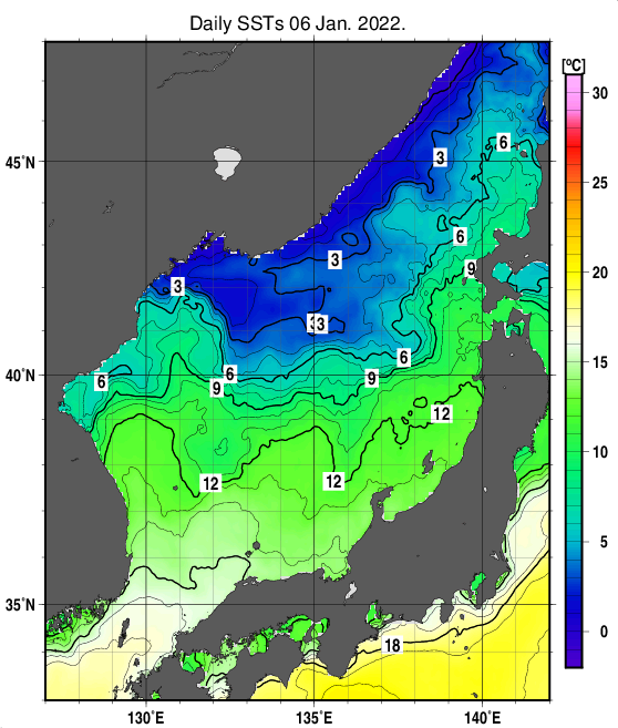 日本海の海面水温分布図（1月6日）