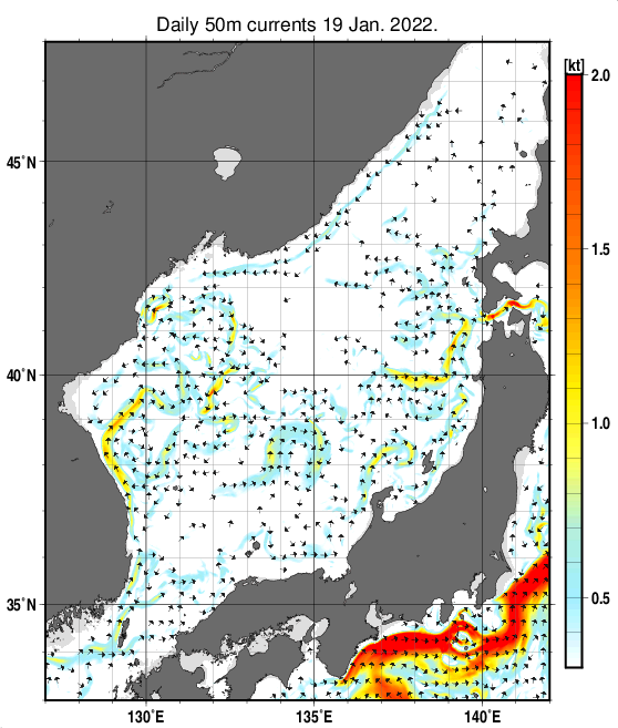 日本海の深さ50mの海流分布図（1月19日）