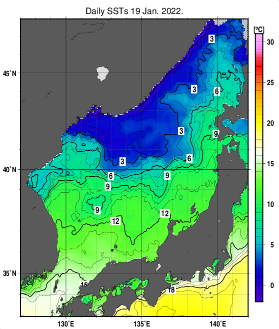 日本海の海面水温分布図（1月19日）