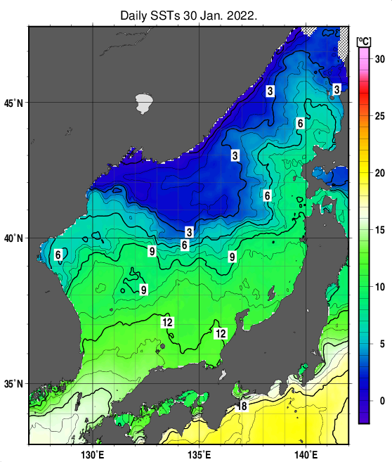 日本海の海面水温分布図（1月30日）