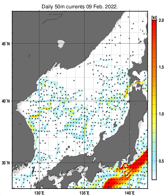 日本海の深さ50mの海流分布図（2月9日）