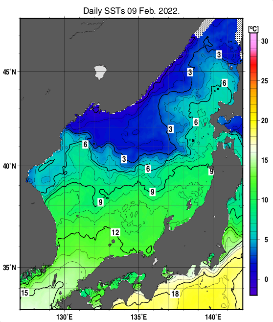 日本海の海面水温分布図（2月9日）