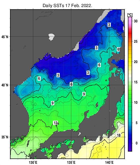 日本海の海面水温分布図（2月17日）