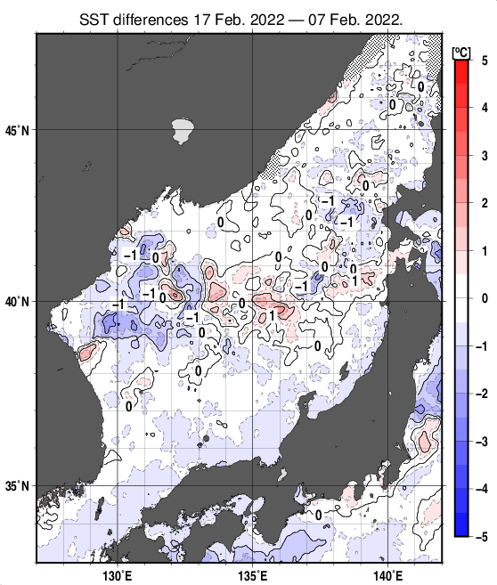 日本海の10日間の海面水温変化量分布図（2月17日）