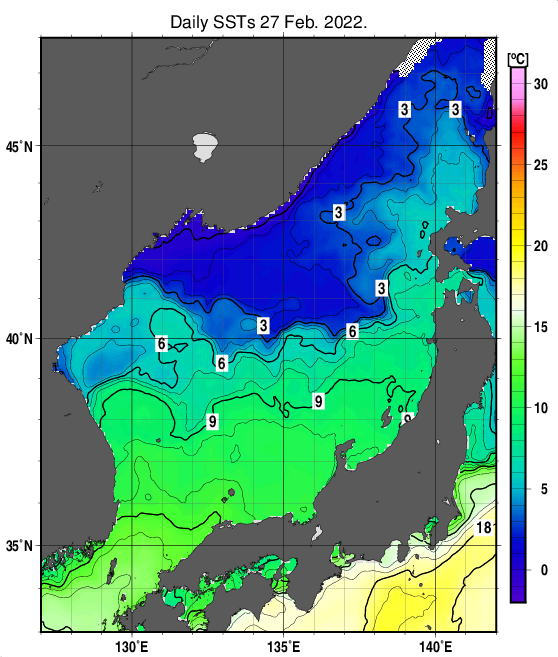 日本海の海面水温分布図（2月27日）