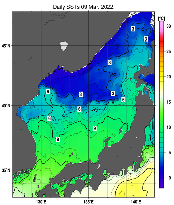 日本海の海面水温分布図（3月9日）