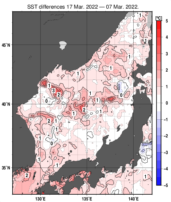 日本海の10日間の海面水温変化量分布図（3月17日）