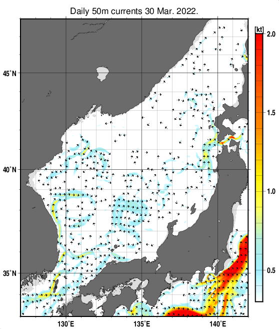 日本海の深さ50mの海流分布図（3月30日）