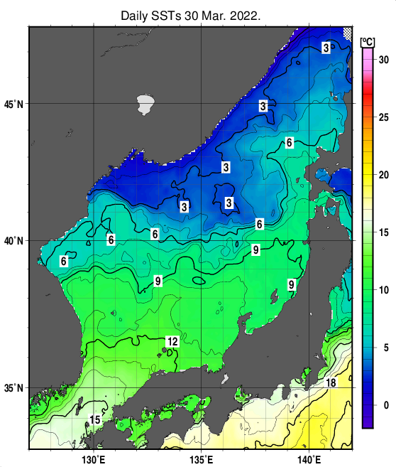 日本海の海面水温分布図（3月30日）