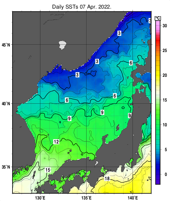 日本海の海面水温分布図（4月7日）