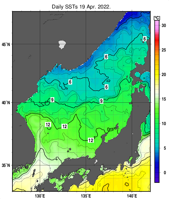 日本海の海面水温分布図（4月19日）