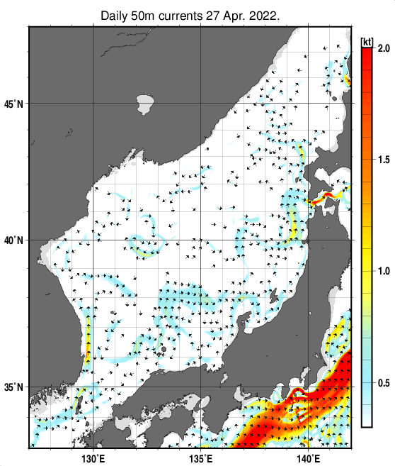 日本海の深さ50mの海流分布図（4月27日）