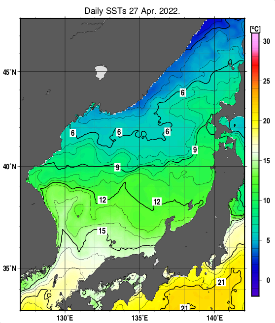 日本海の海面水温分布図（4月27日）