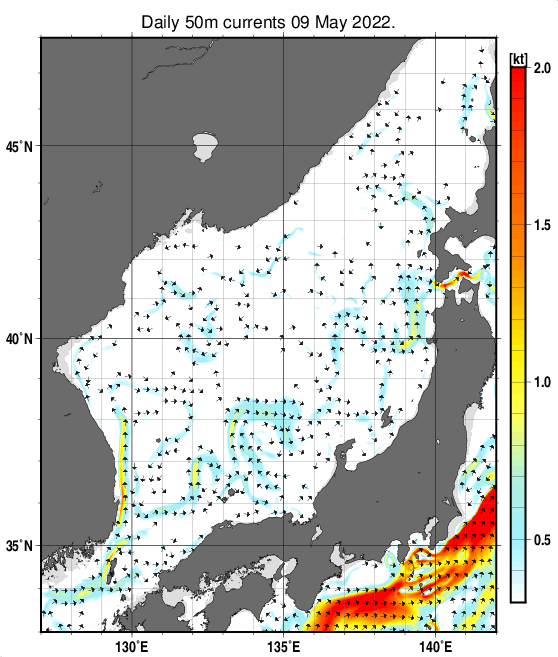 日本海の深さ50mの海流分布図（5月9日）