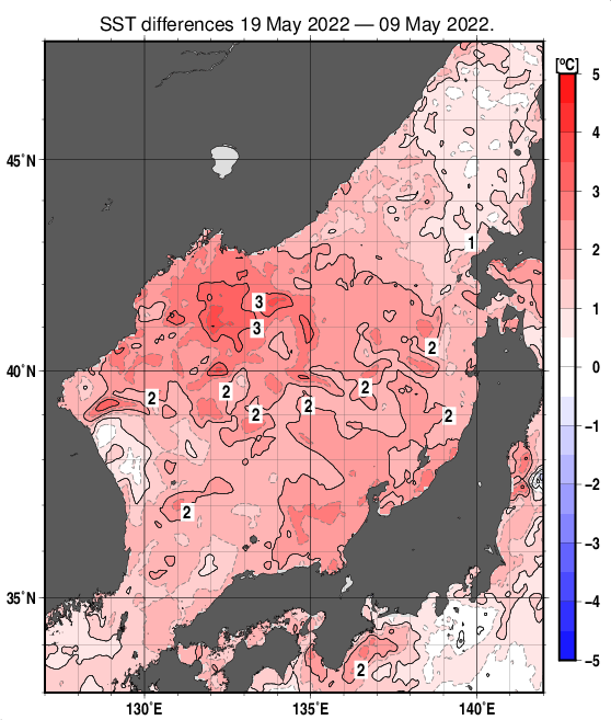 日本海の10日間の海面水温変化量分布図（5月19日）