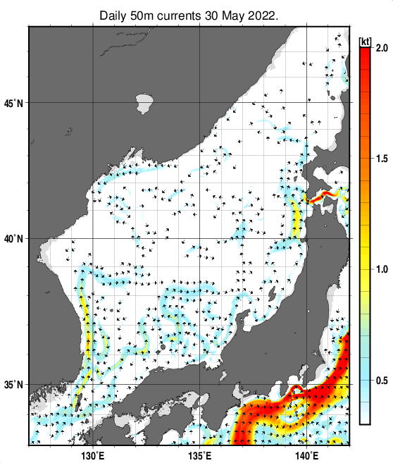 日本海の深さ50mの海流分布図（5月30日）