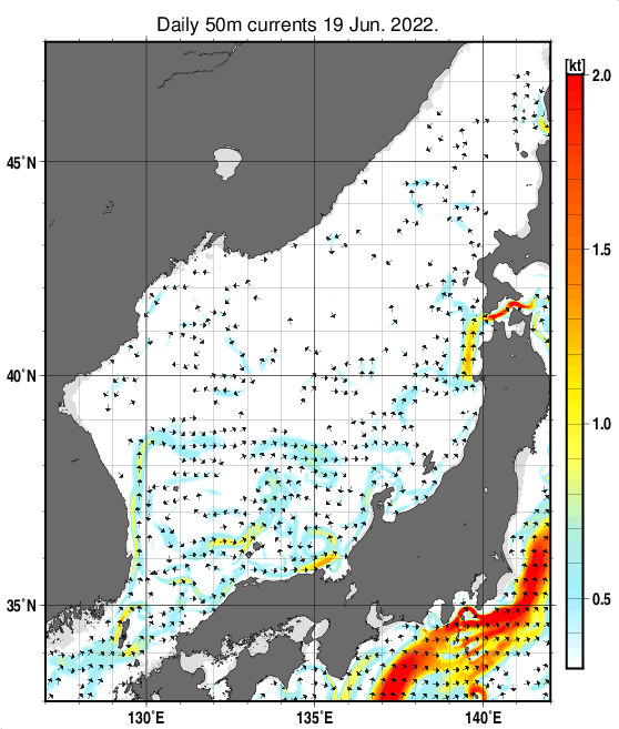 日本海の深さ50mの海流分布図（6月19日）