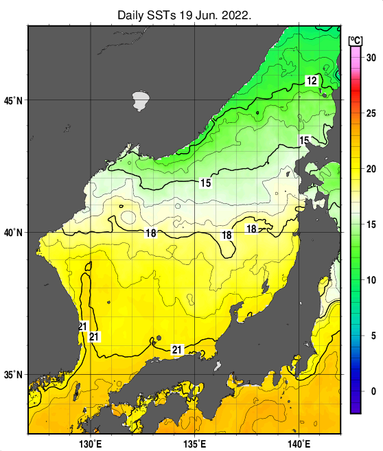 日本海の海面水温分布図（6月19日）