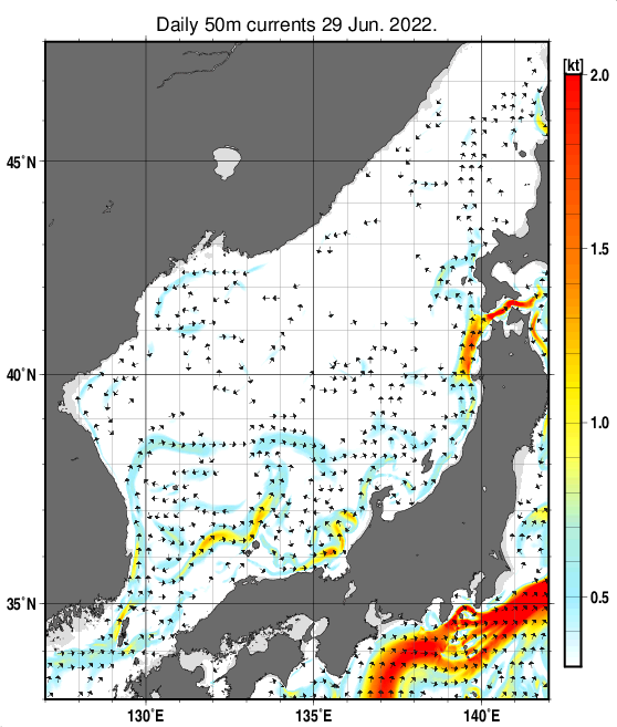 日本海の深さ50mの海流分布図（6月29日）