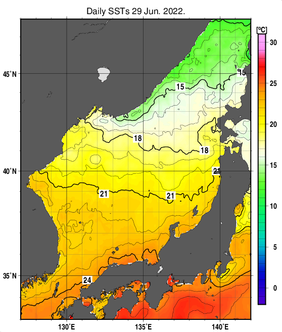 日本海の海面水温分布図（6月29日）