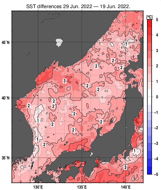 日本海の10日間の海面水温変化量分布図（6月29日）