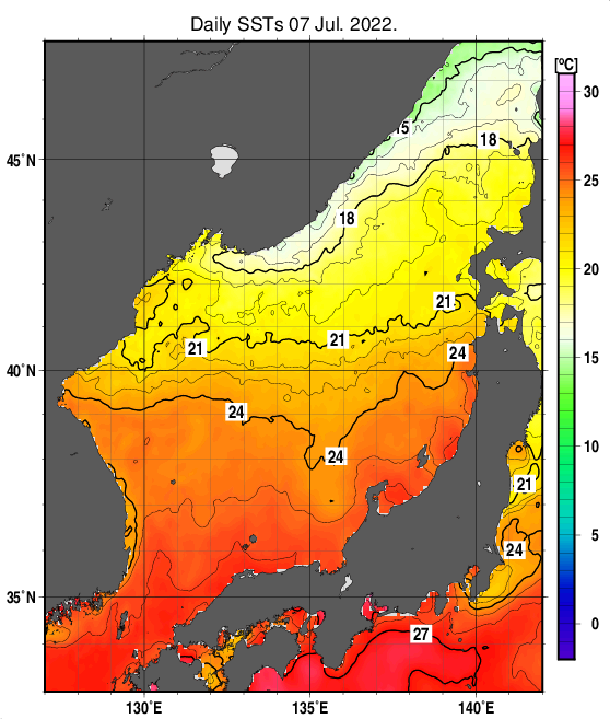 日本海の海面水温分布図（7月7日）