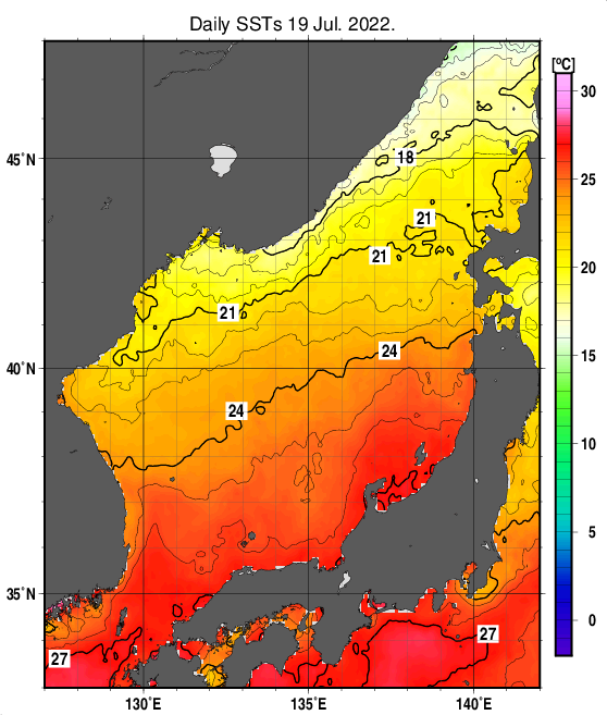 日本海の海面水温分布図（7月19日）