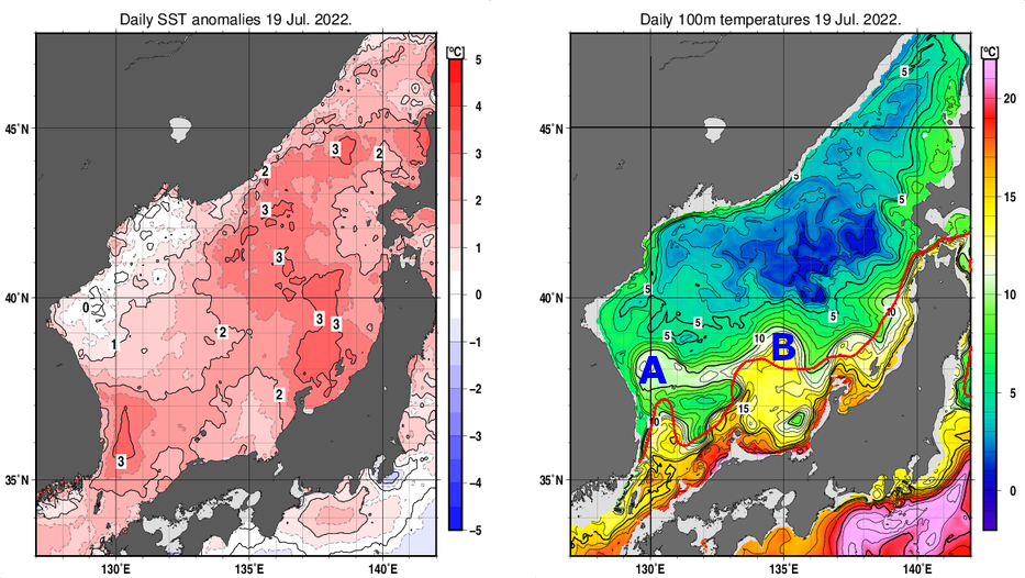 日本海の海面水温平年差分布図および深さ100mの水温分布図（7月19日）