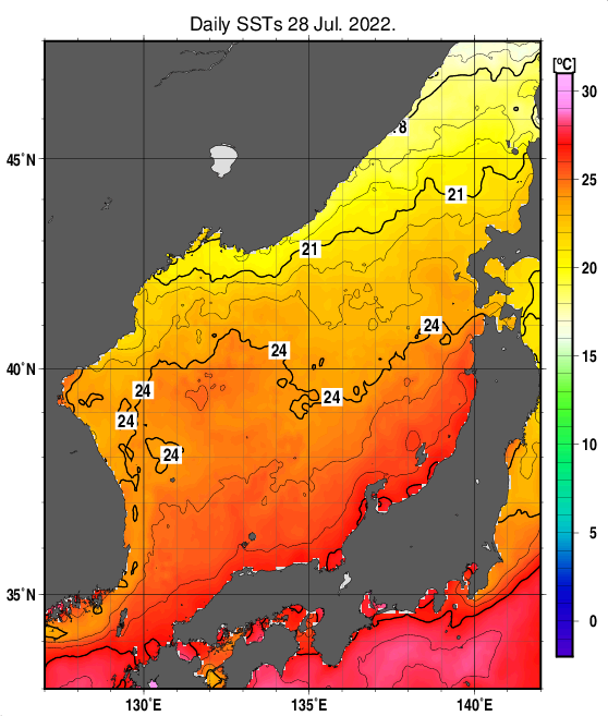 日本海の海面水温分布図（7月28日）