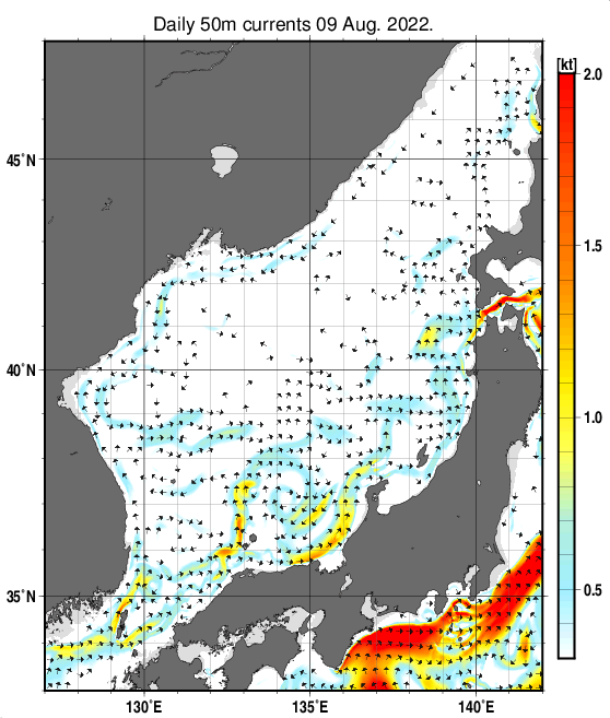 日本海の深さ50mの海流分布図（8月9日）