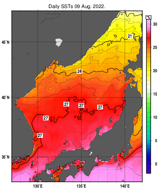 日本海の海面水温分布図（8月9日）