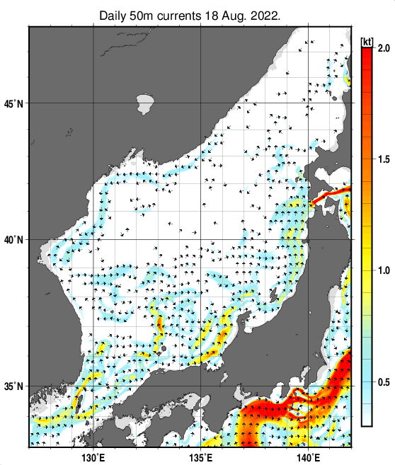 日本海の深さ50mの海流分布図（8月18日）