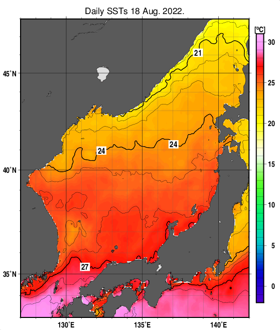 日本海の海面水温分布図（8月18日）