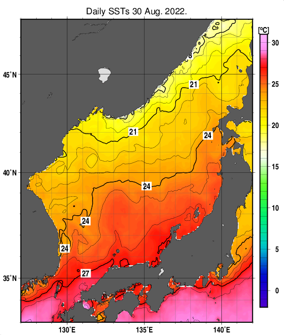 日本海の海面水温分布図（8月30日）