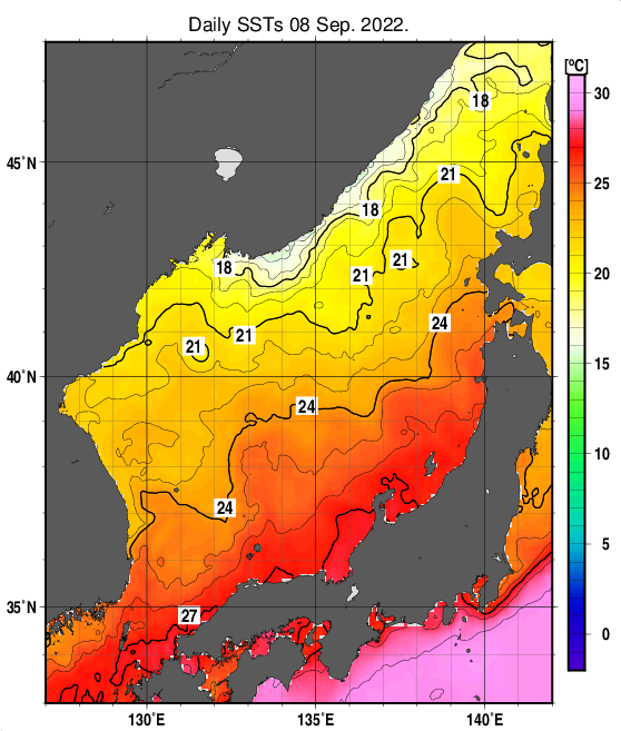 日本海の海面水温分布図（9月8日）