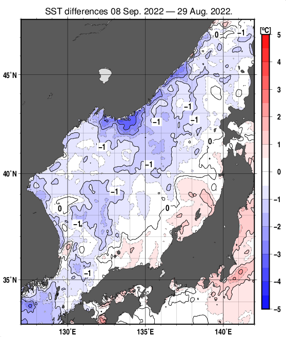 日本海の10日間の海面水温変化量分布図（9月8日）