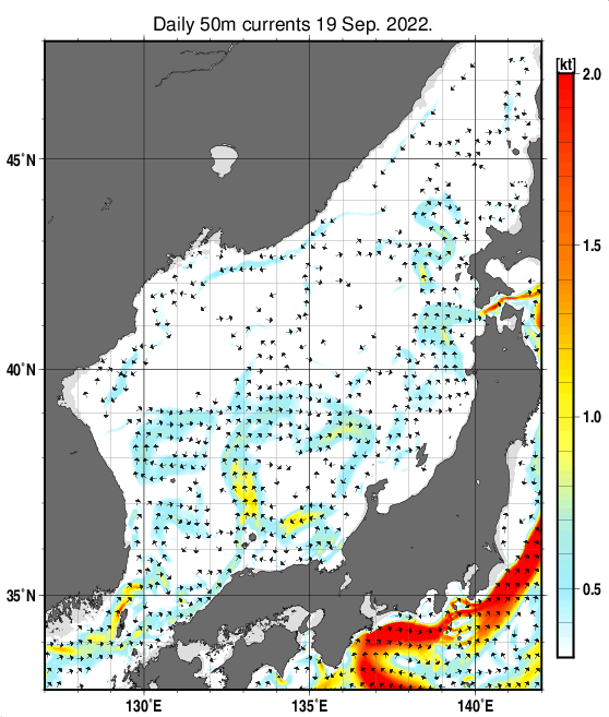 日本海の深さ50mの海流分布図（9月19日）