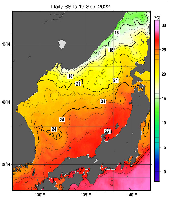 日本海の海面水温分布図（9月19日）