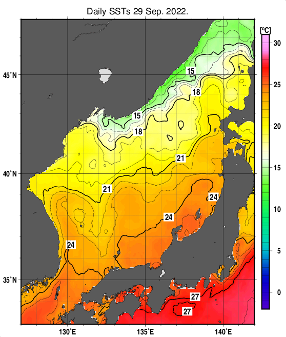 日本海の海面水温分布図（9月29日）