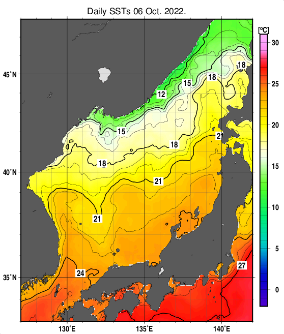 日本海の海面水温分布図（10月6日）