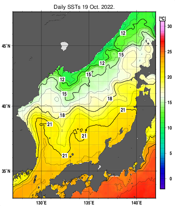 日本海の海面水温分布図（10月19日）